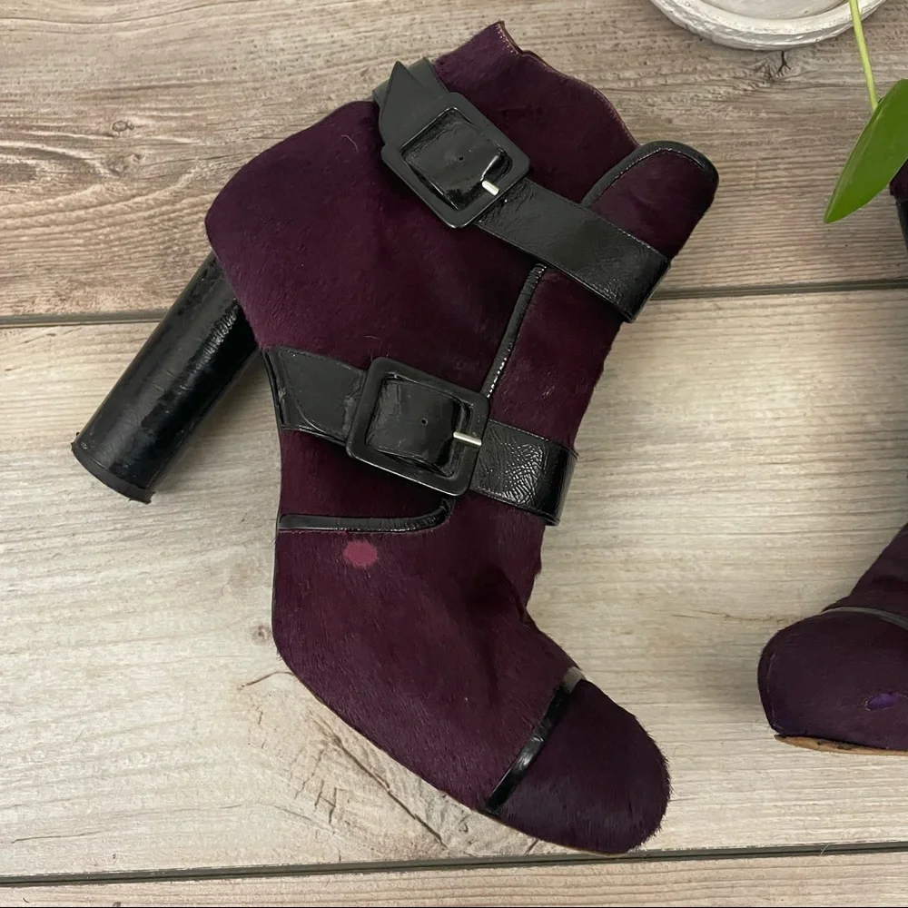 Sonia Rykiel Purple Fur Boots Women’s 8.5 Leather Buckle Block Heel‎